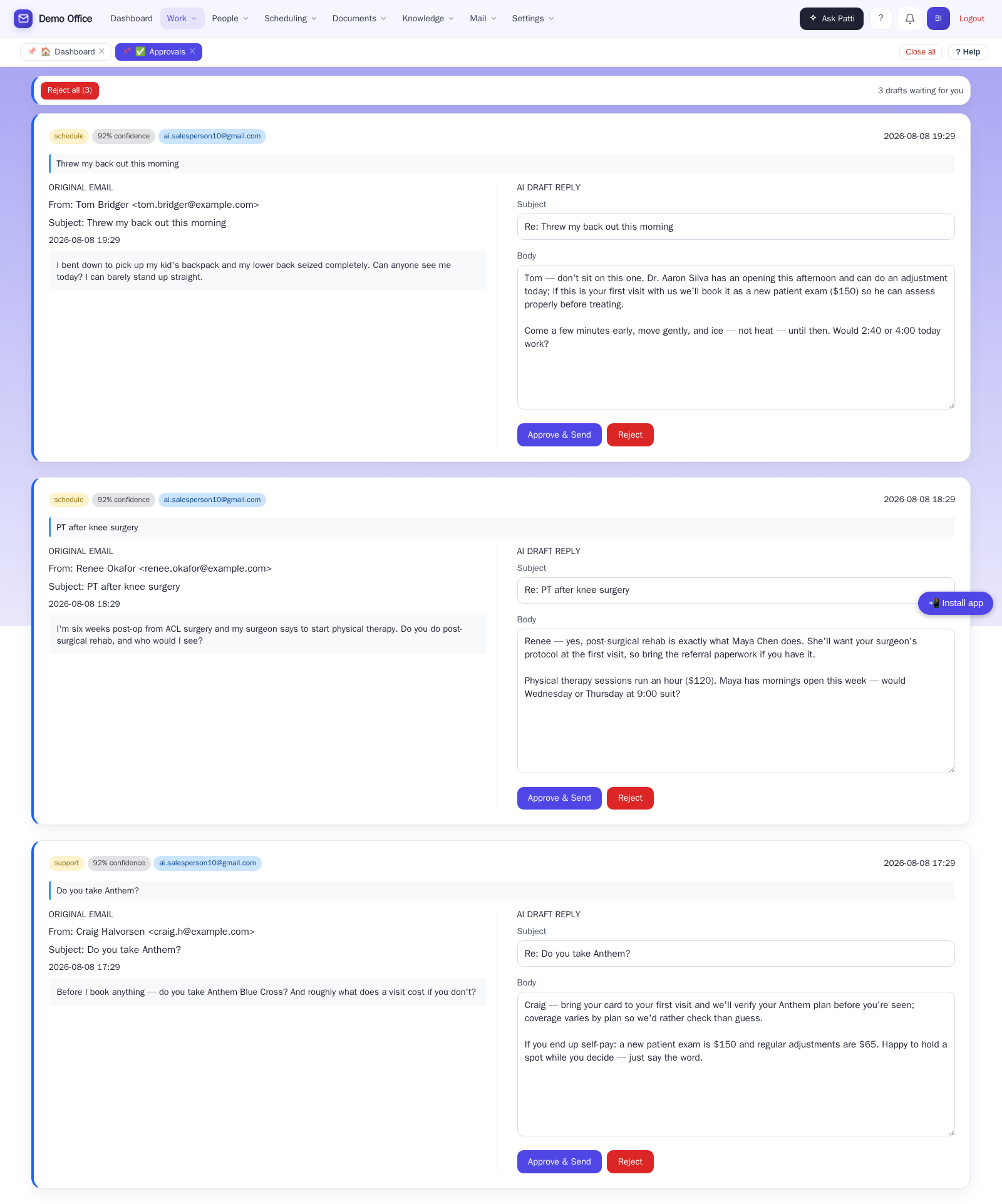 A chiropractor's email drafts waiting for approval