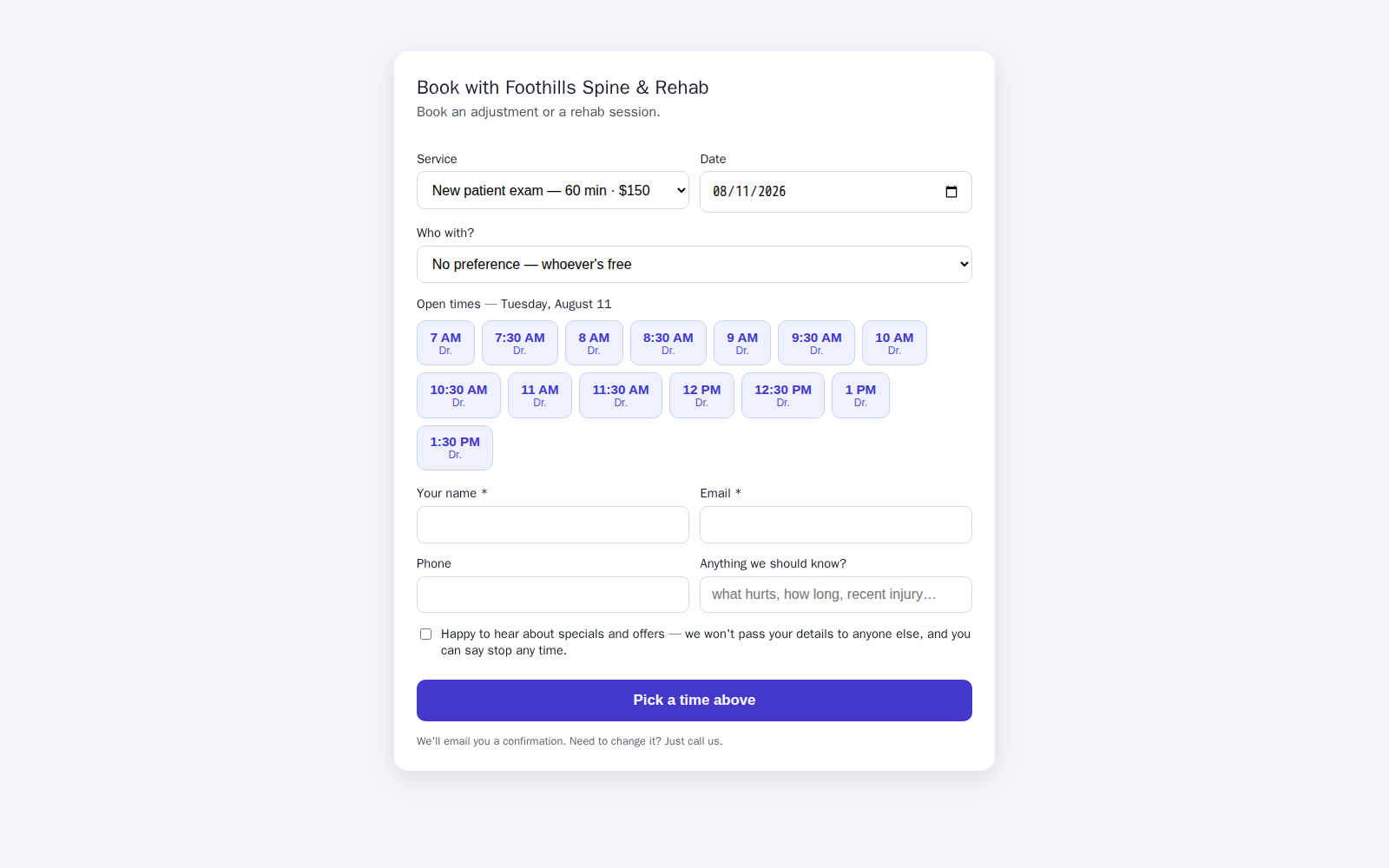 Online booking page showing real open appointment times
