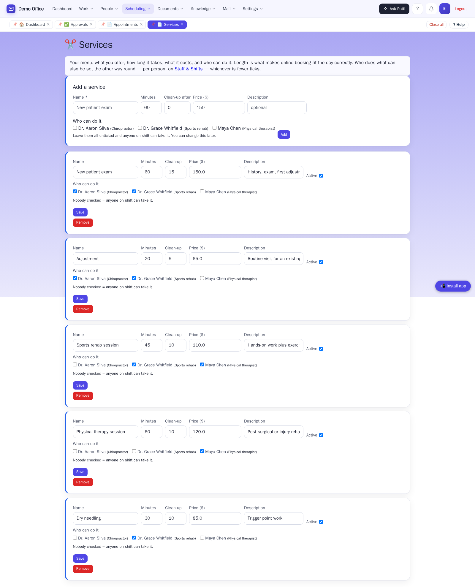 Clinic services with durations and prices