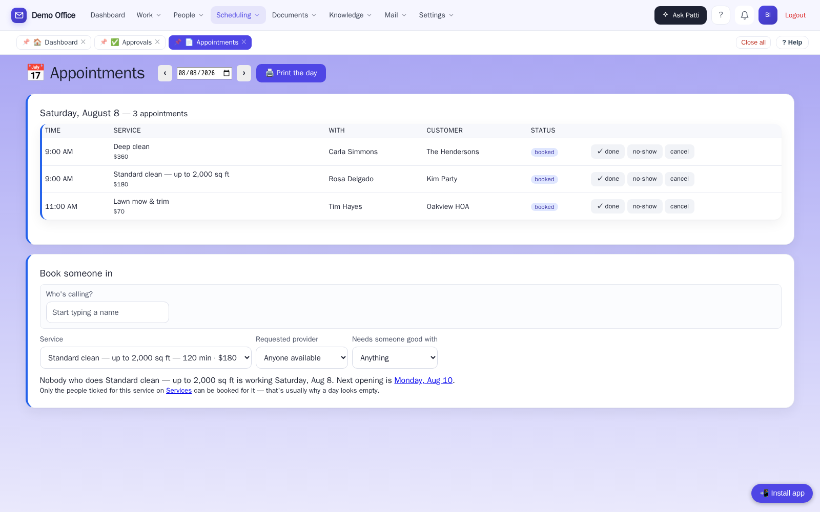 Cleaning company schedule