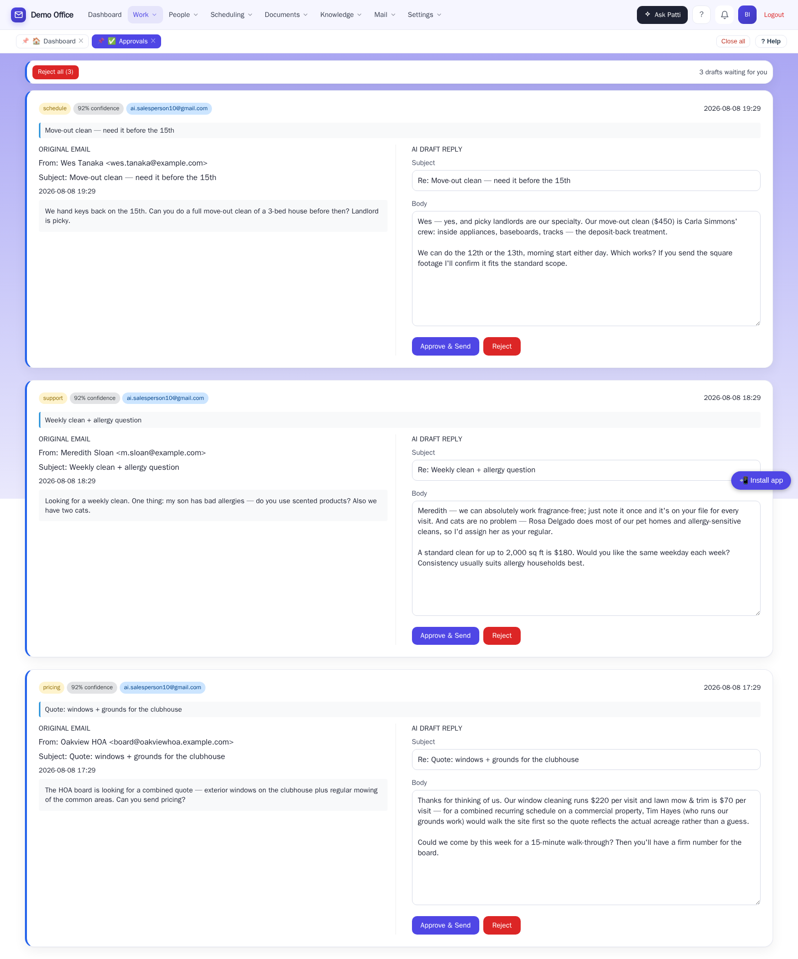 A cleaning company's email drafts waiting for approval