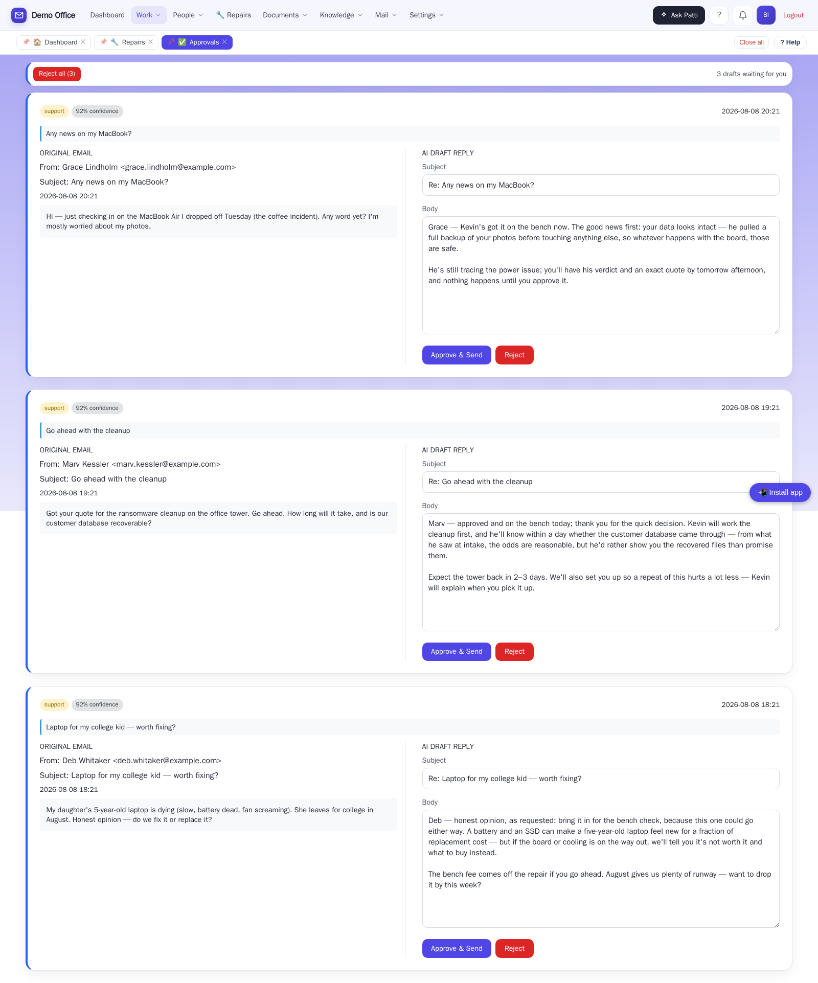 A repair shop's email drafts waiting for approval