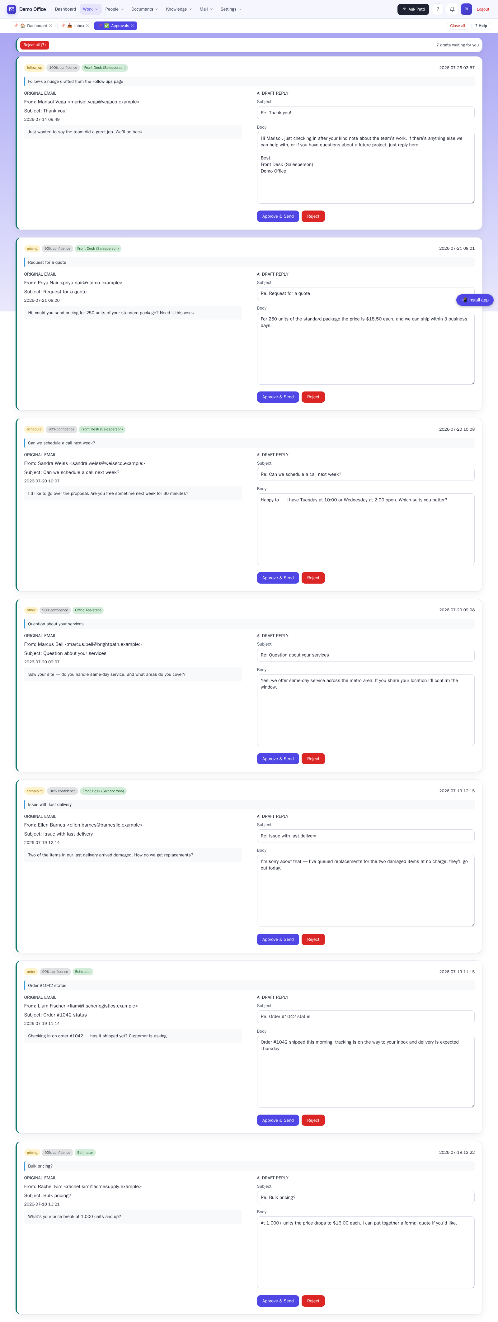 The approvals queue — every draft waits for a human OK