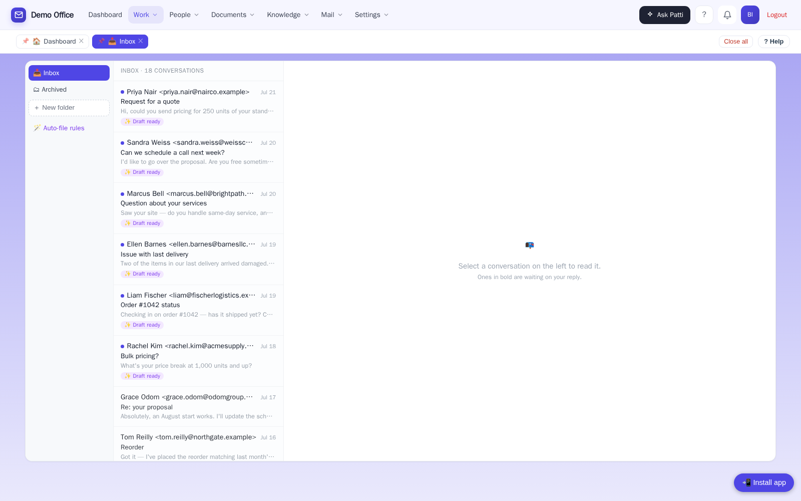 The built-in inbox with conversations and drafts ready