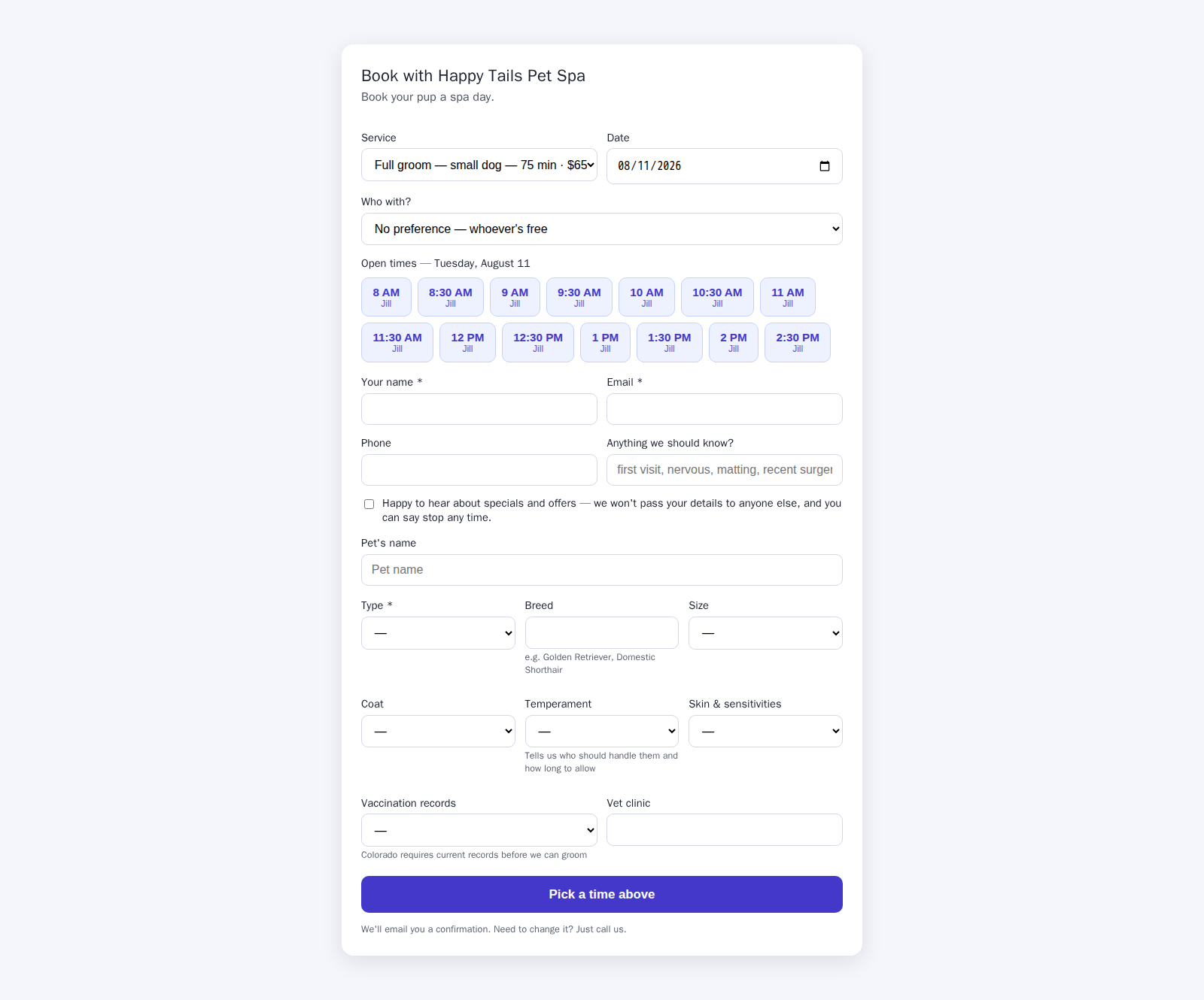 Online booking page for a grooming shop with pet-specific questions
