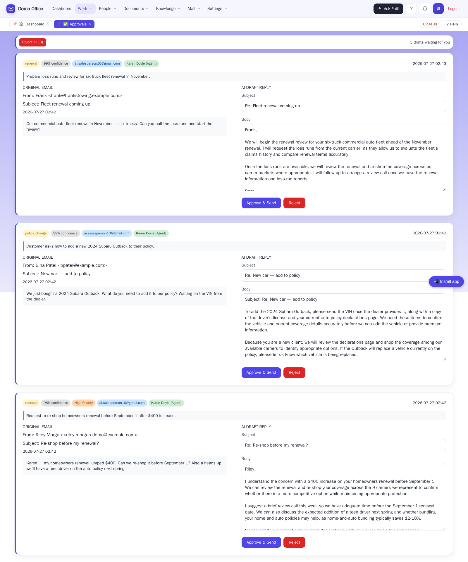 An insurance agency's email drafts waiting for approval
