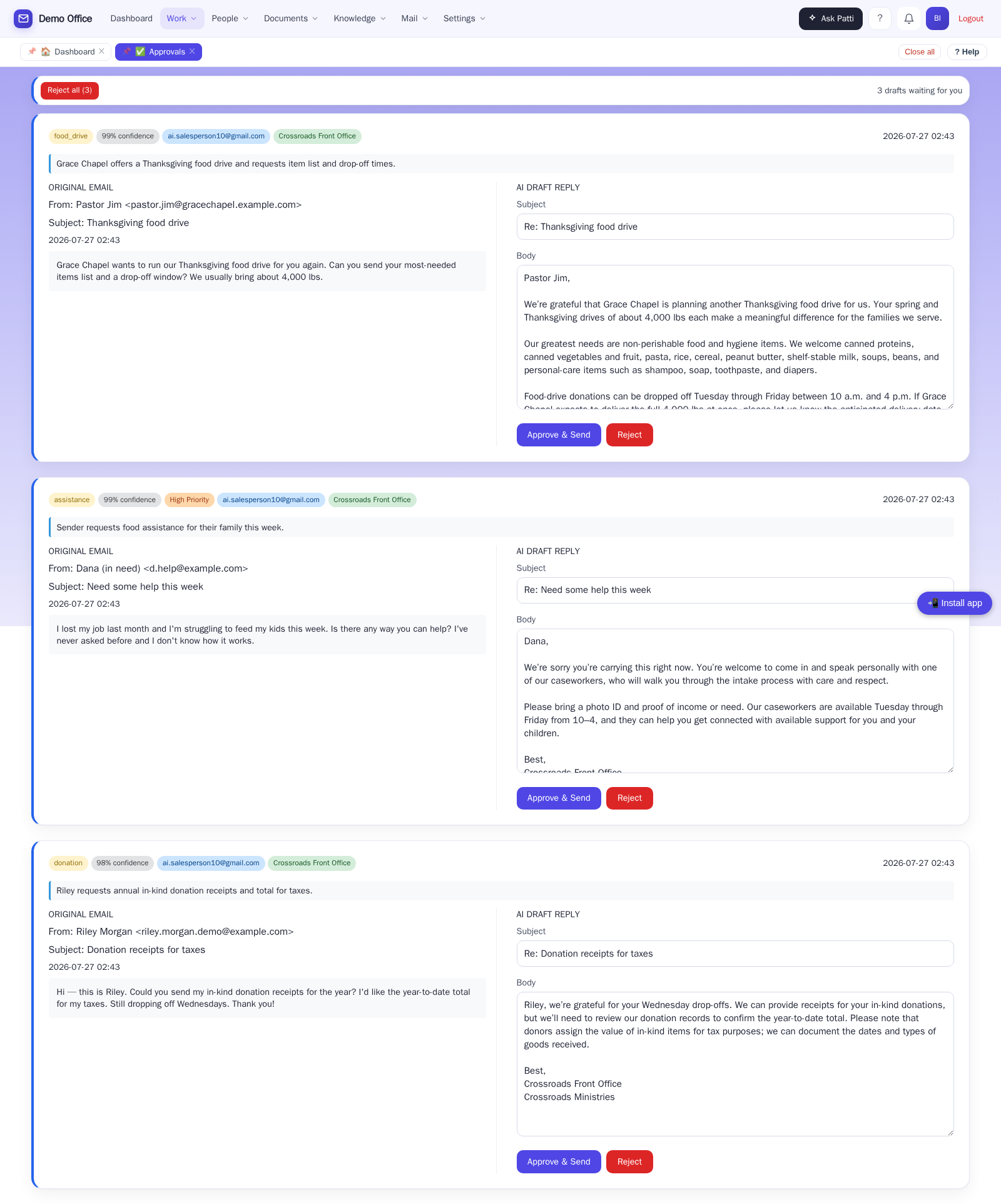 A church office's email drafts waiting for approval