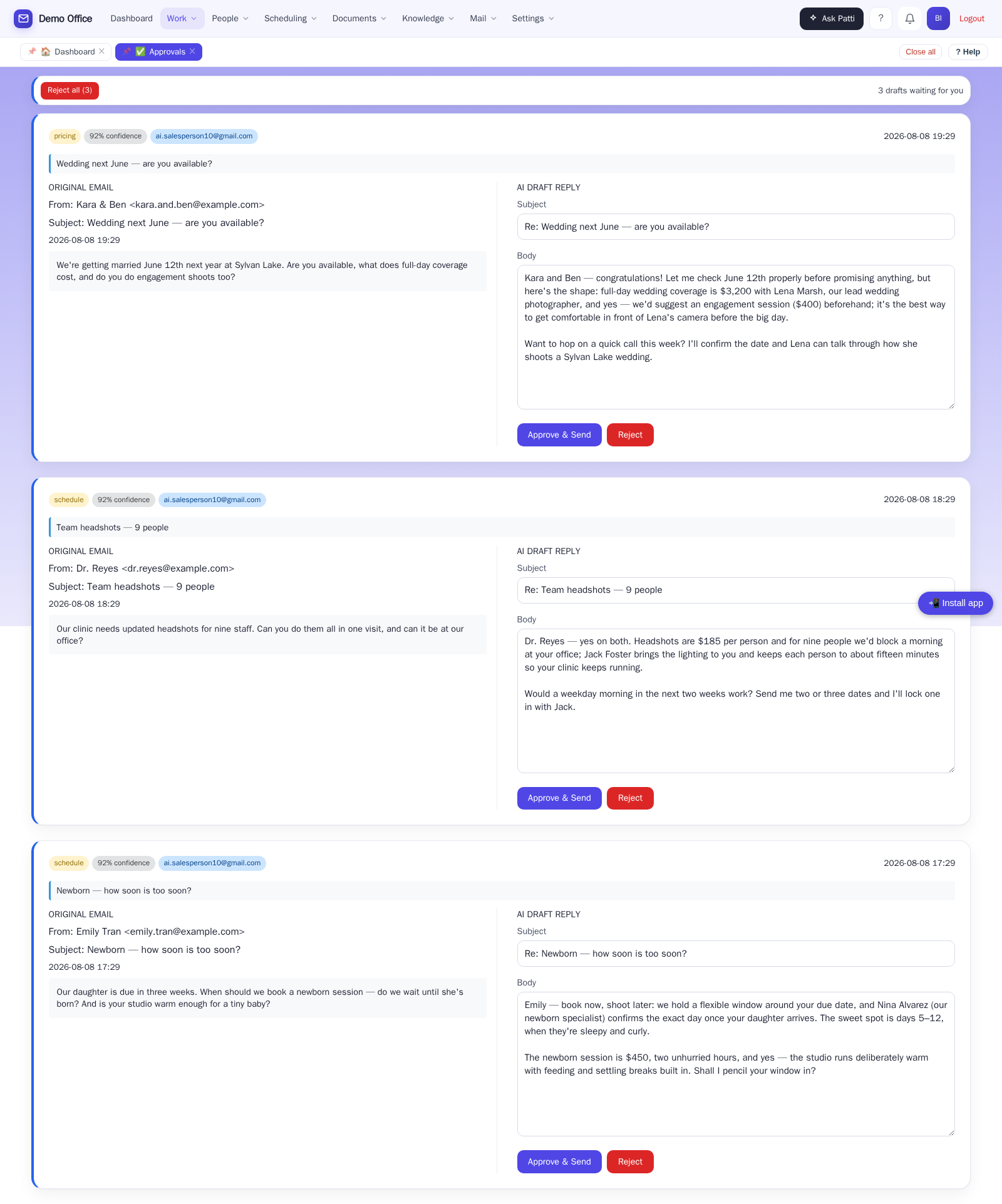 A photographer's email drafts waiting for approval