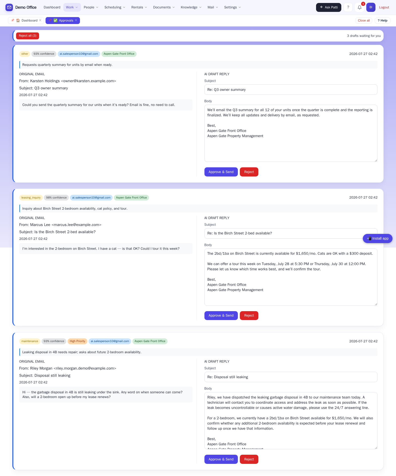 A property manager's email drafts waiting for approval