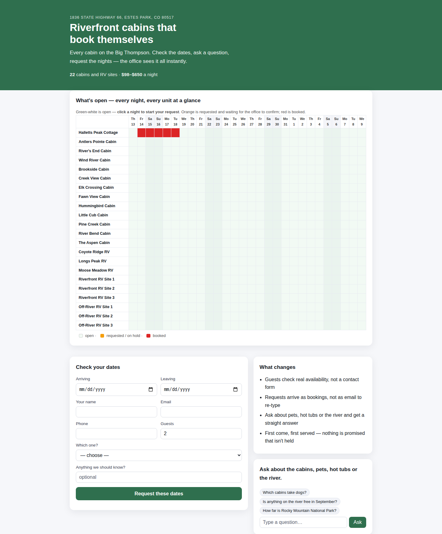 Guest-facing availability calendar — every unit and night at a glance, with the booking request form and the ask-a-question concierge chat