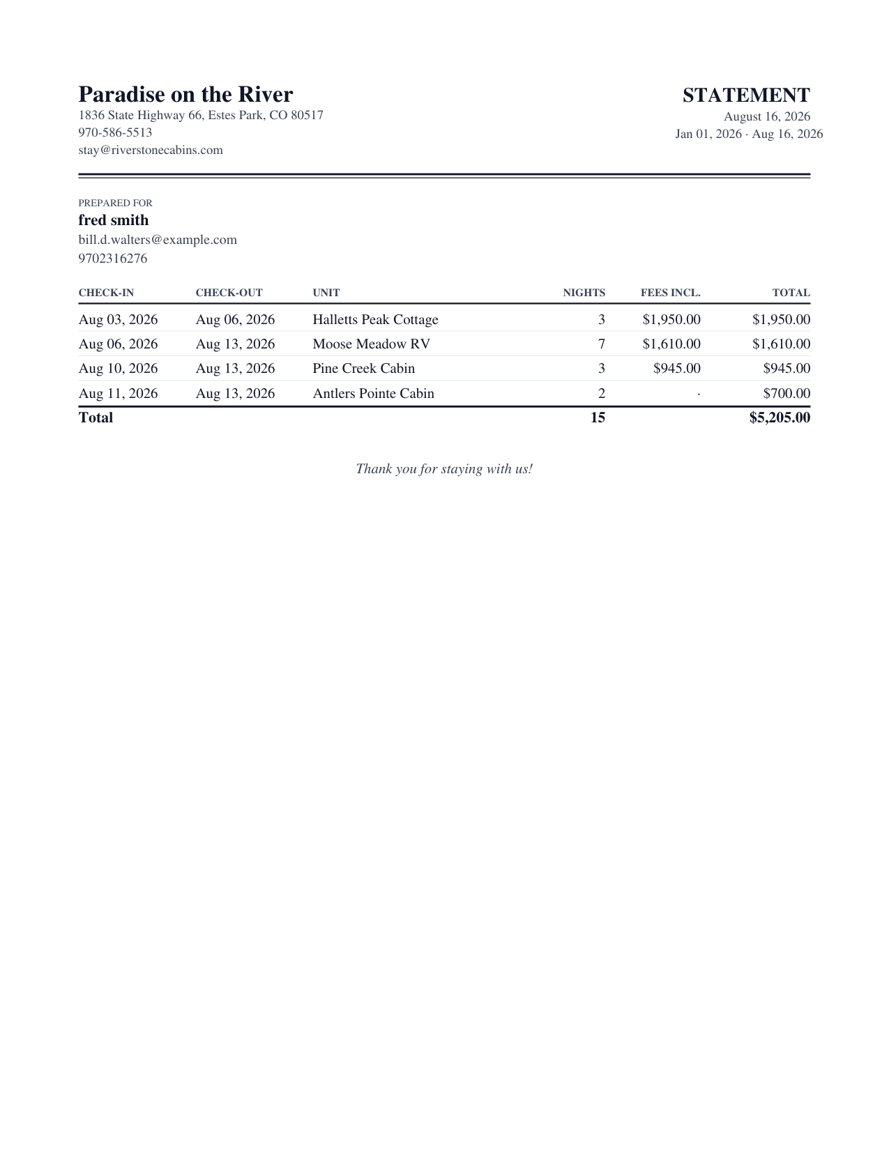 A guest statement on letterhead covering a date range, listing stays, charges, and payments