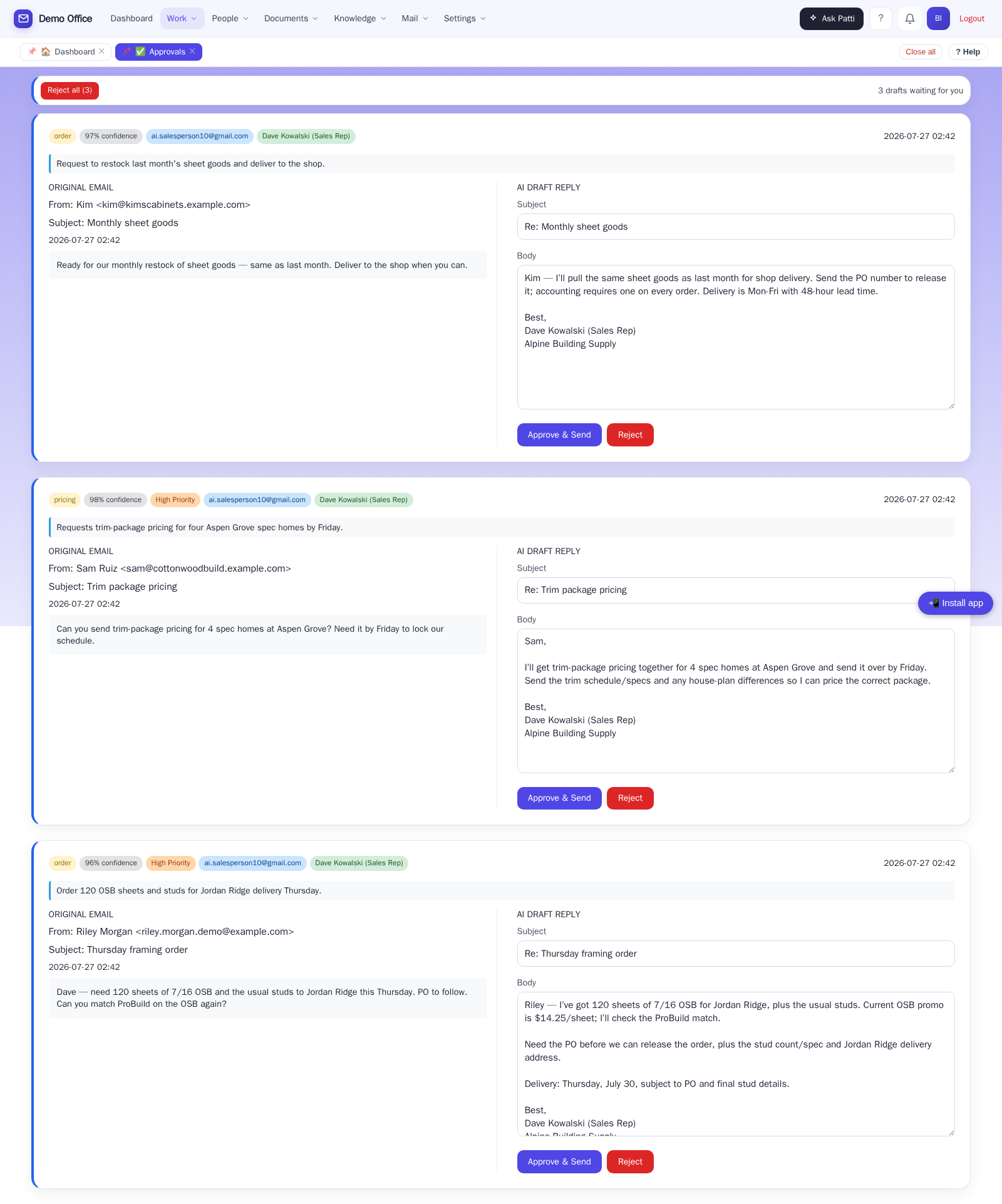 A building supply counter's email drafts waiting for approval
