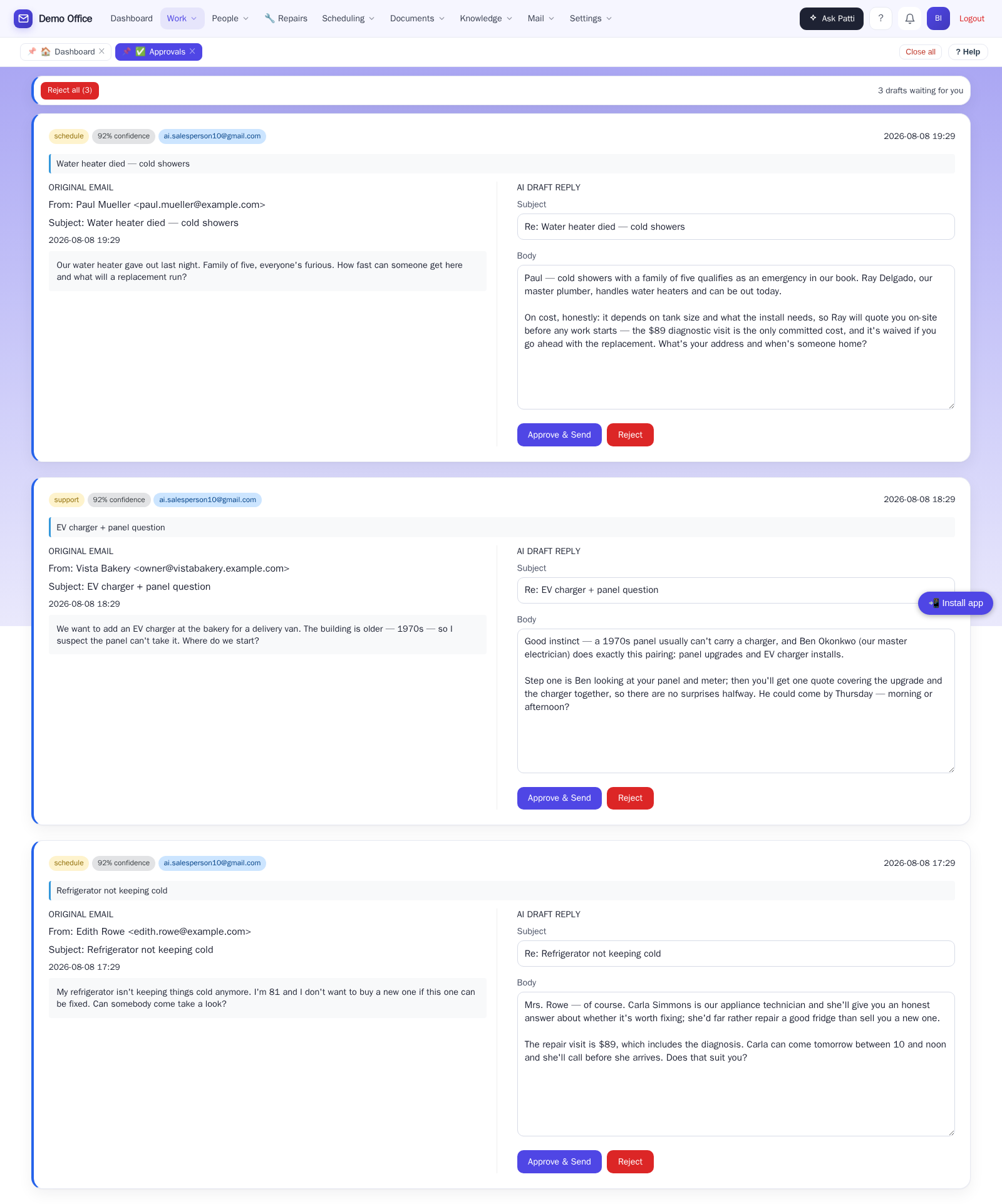 A service company's email drafts waiting for approval