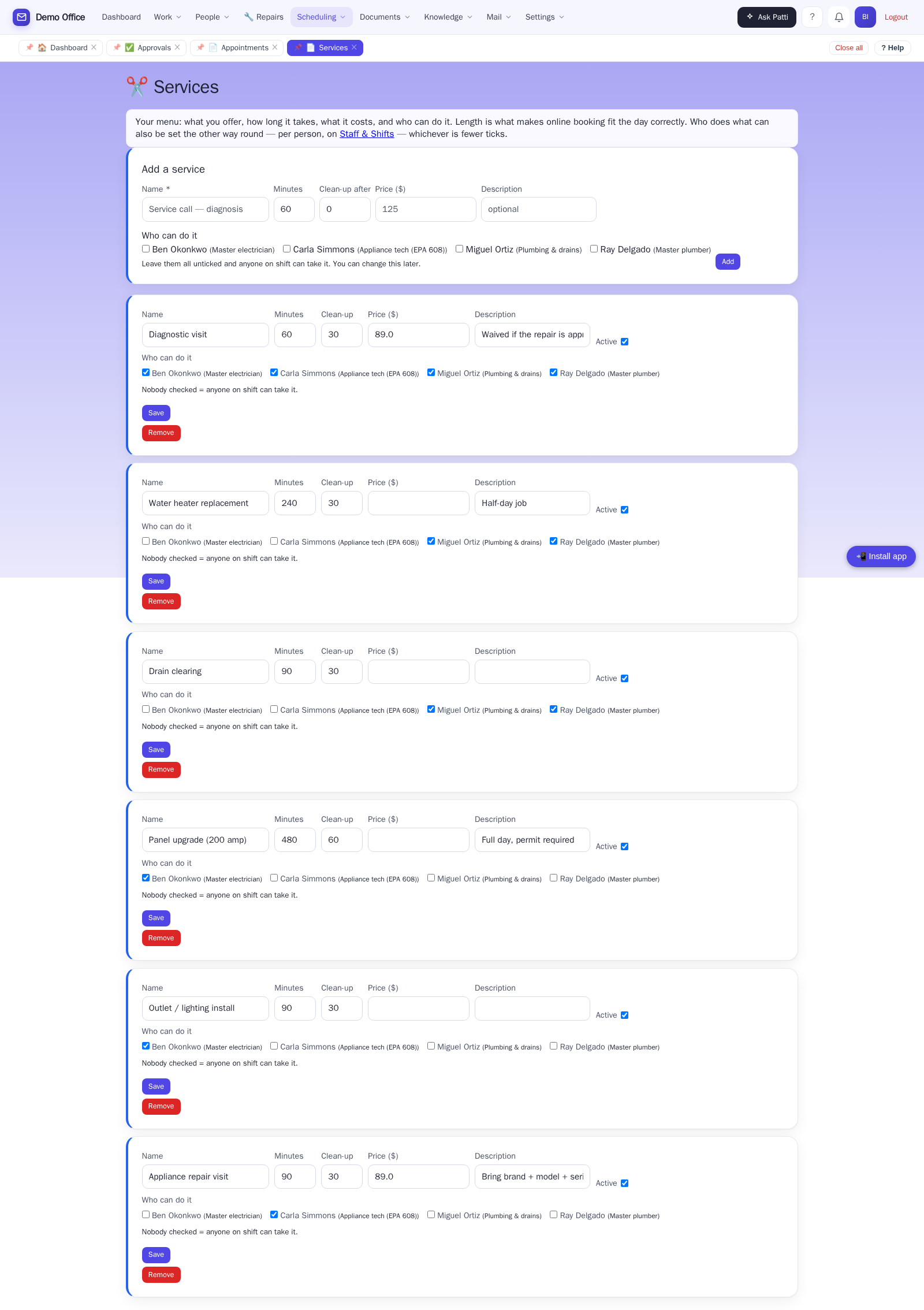 Repair services list