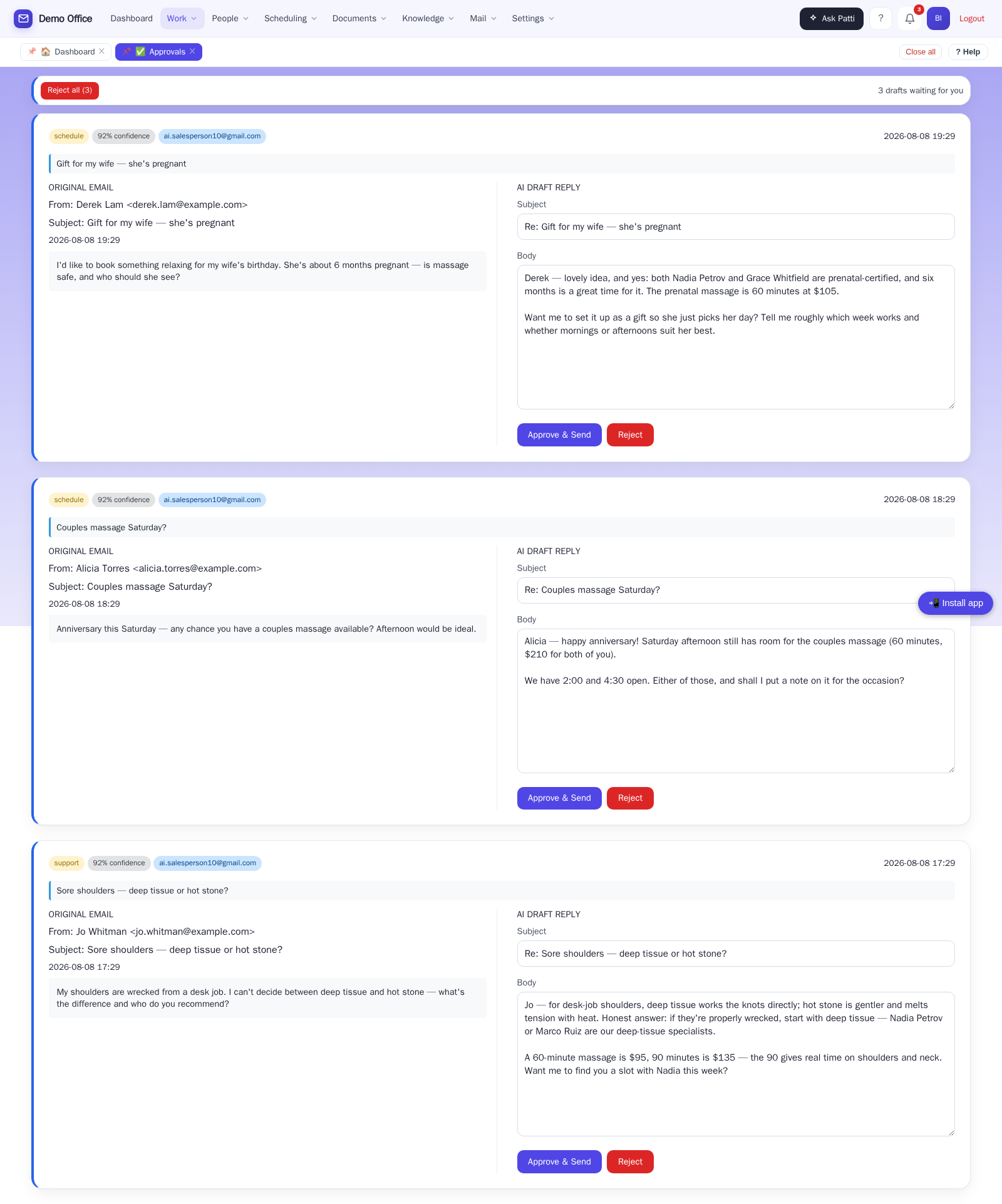 A spa's email drafts waiting for approval