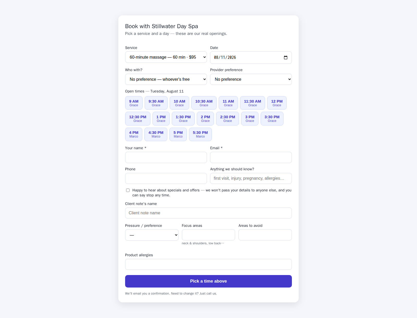 Spa online booking page