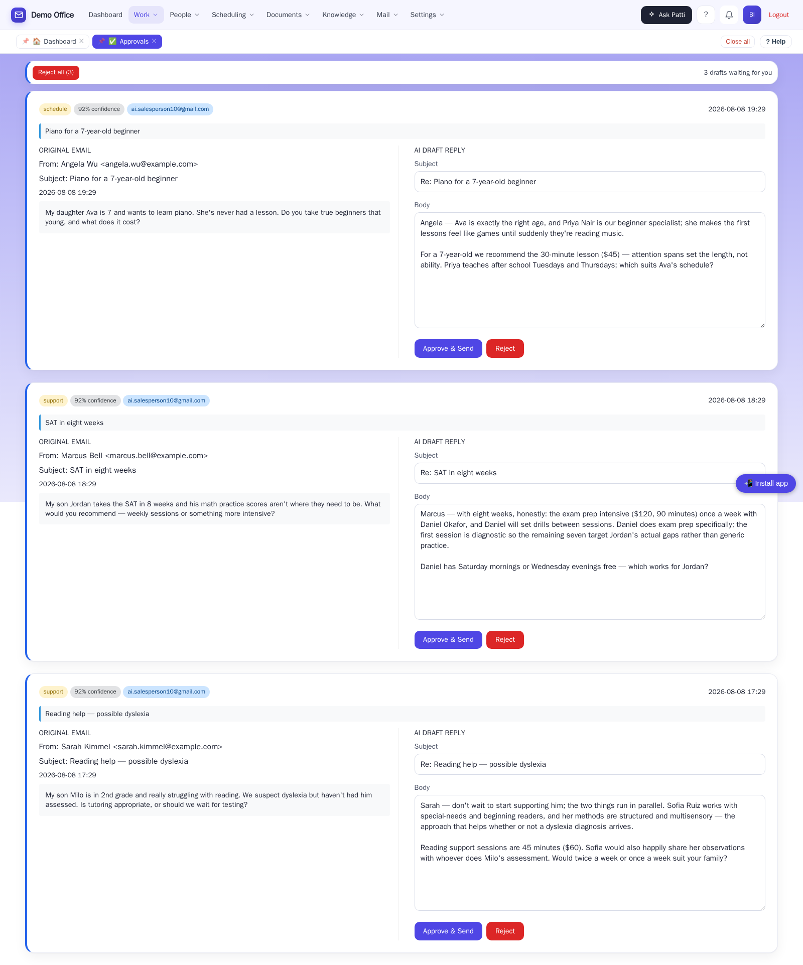 A tutoring studio's email drafts waiting for approval
