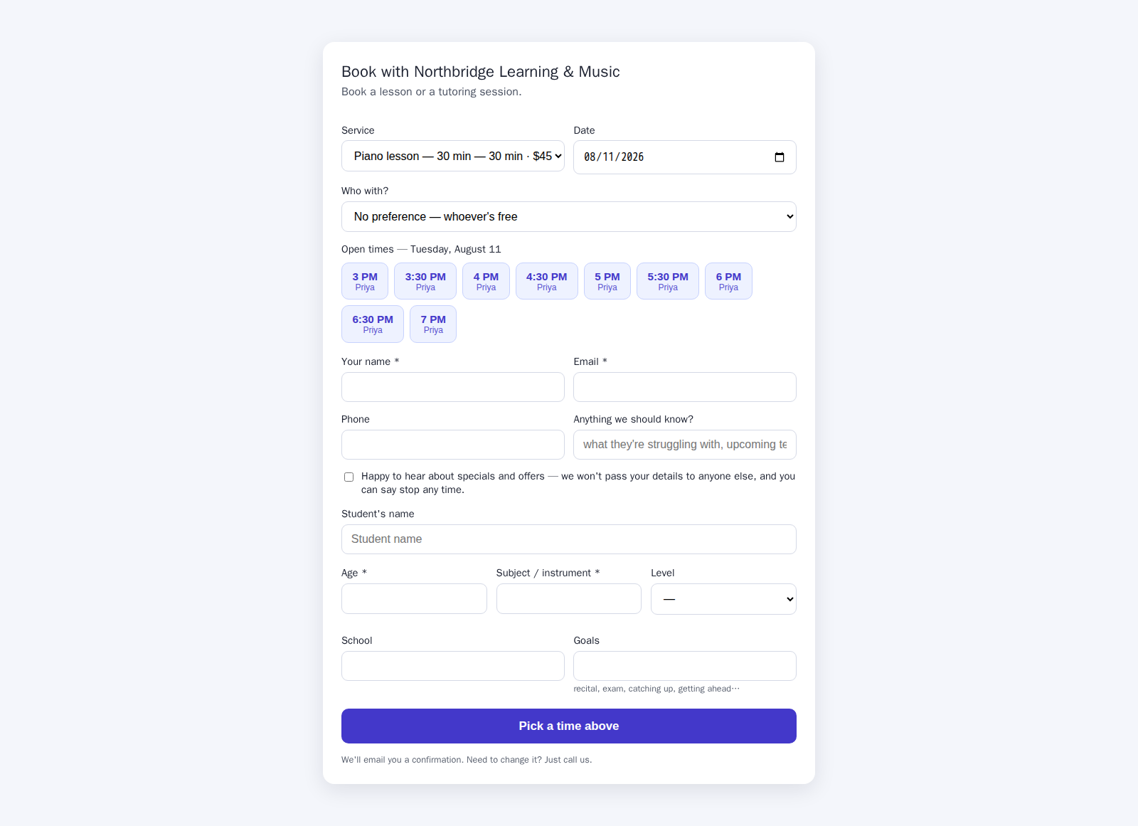 Online booking page for lessons with open time slots